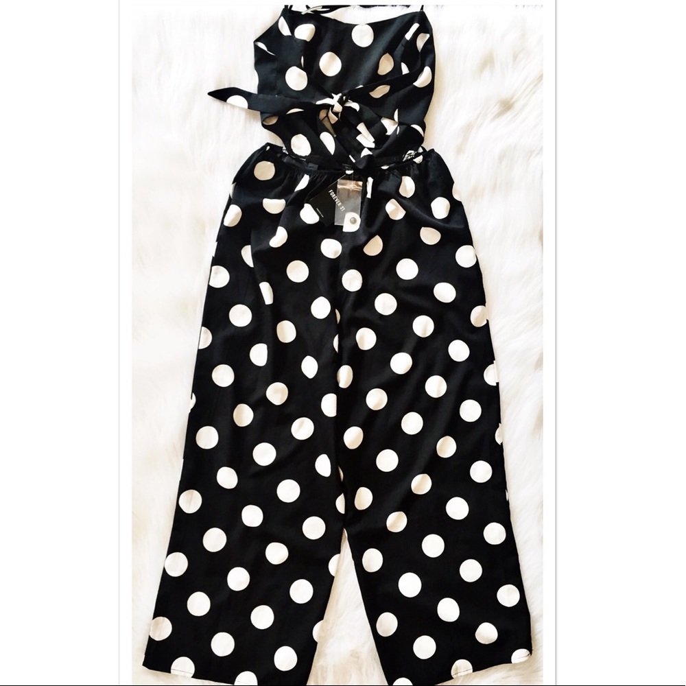 Black Open Back Jumpsuit with White Polka Dots - Picture 8 of 8